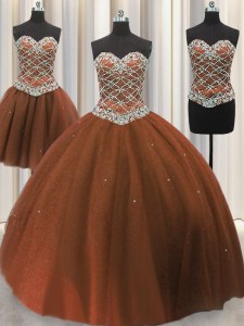 Three Piece Floor Length Brown 15 Quinceanera Dress Tulle Sleeveless Beading and Sequins