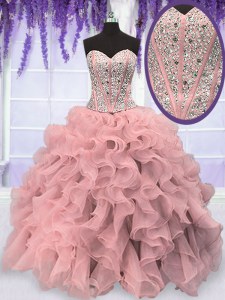 Pink Sleeveless Beading and Ruffles Floor Length Sweet 16 Dress