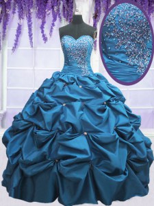 Deluxe Sweetheart Sleeveless Quinceanera Gowns Floor Length Beading and Appliques and Pick Ups Teal Taffeta