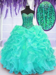 Delicate Turquoise Sweet 16 Dresses Military Ball and Sweet 16 and Quinceanera and For with Beading and Ruffles Sweetheart Sleeveless Lace Up