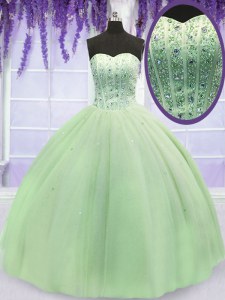 Deluxe Floor Length Lace Up Vestidos de Quinceanera Yellow Green for Military Ball and Sweet 16 and Quinceanera with Beading
