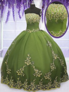 Floor Length Zipper Ball Gown Prom Dress Olive Green for Military Ball and Sweet 16 and Quinceanera with Appliques