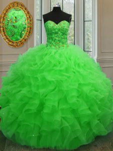 Sleeveless Floor Length Beading and Ruffles Lace Up Ball Gown Prom Dress with