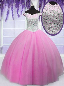 Comfortable Floor Length Hot Pink 15 Quinceanera Dress Off The Shoulder Short Sleeves Lace Up