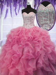Sleeveless Lace Up Floor Length Ruffles and Sequins Sweet 16 Dresses