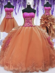Pretty Four Piece Orange Ball Gowns Strapless Sleeveless Organza Floor Length Lace Up Embroidery and Ruffles Vestidos de Quinceanera