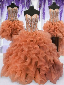 Admirable Four Piece Sleeveless Organza Floor Length Lace Up 15 Quinceanera Dress in Orange with Beading and Ruffles