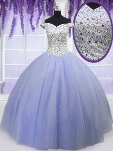 Lavender Lace Up Off The Shoulder Beading 15th Birthday Dress Tulle Short Sleeves