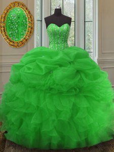 Sleeveless Floor Length Beading and Ruffles and Pick Ups Lace Up Sweet 16 Dress with Green