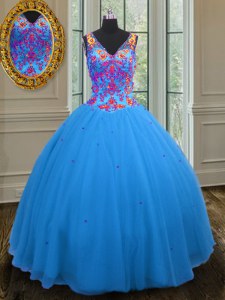 Luxurious Blue Ball Gowns Straps Sleeveless Tulle Floor Length Zipper Beading and Sequins Quinceanera Gown