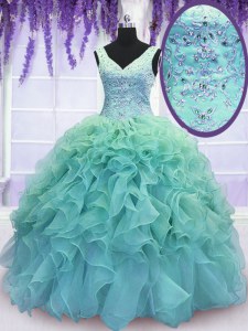Delicate Ball Gowns Quinceanera Gown Blue V-neck Organza Sleeveless Floor Length Lace Up