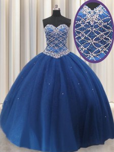 Royal Blue Tulle Lace Up Quinceanera Dresses Sleeveless Floor Length Beading and Sequins