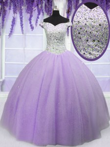 Lavender Off The Shoulder Lace Up Beading Quinceanera Dresses Short Sleeves
