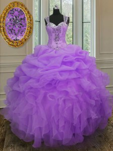 Traditional Straps Lavender Sleeveless Beading and Ruffles Floor Length 15th Birthday Dress