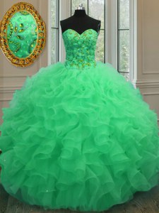 Hot Selling Green Organza Lace Up Quinceanera Gown Sleeveless Floor Length Beading and Ruffles