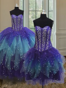 Three Piece Multi-color Lace Up Sweetheart Beading and Ruffles and Sequins Quince Ball Gowns Tulle Sleeveless