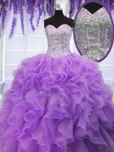 Trendy Sleeveless Organza Floor Length Lace Up Quince Ball Gowns in Lavender with Ruffles and Sequins