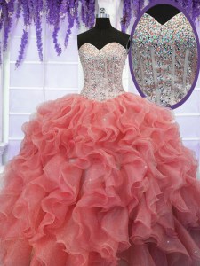 Wonderful Floor Length Coral Red Sweet 16 Quinceanera Dress Organza Sleeveless Ruffles and Sequins