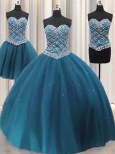 Chic Three Piece Floor Length Teal Quinceanera Dresses Tulle Sleeveless Beading and Ruffles