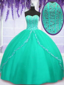 Modest Sweetheart Sleeveless Quinceanera Gown Floor Length Beading and Sequins Turquoise Tulle