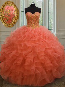 Orange Red Ball Gowns Organza Sweetheart Sleeveless Beading and Ruffles Floor Length Lace Up Quince Ball Gowns