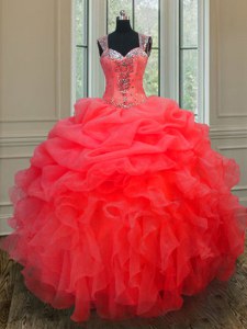 Modern Organza Straps Sleeveless Zipper Beading and Ruffles Sweet 16 Quinceanera Dress in Coral Red