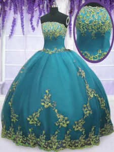 Adorable Floor Length Zipper Sweet 16 Quinceanera Dress Teal for Military Ball and Sweet 16 and Quinceanera with Appliques