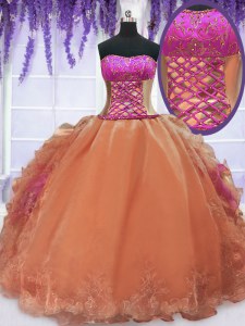 Unique Sleeveless Floor Length Embroidery and Ruffles Lace Up Quinceanera Dresses with Orange
