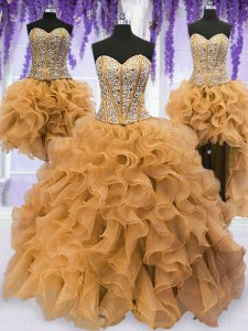 Luxurious Four Piece Gold Sleeveless Floor Length Beading and Ruffles Lace Up Ball Gown Prom Dress