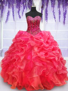 Graceful Ruffled Sweetheart Sleeveless Lace Up Sweet 16 Dresses Red Organza