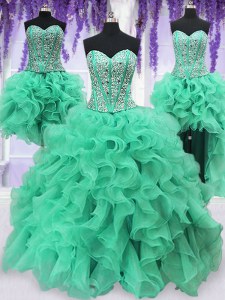 Romantic Four Piece Sequins Ball Gowns Vestidos de Quinceanera Turquoise Sweetheart Organza Sleeveless Floor Length Lace Up