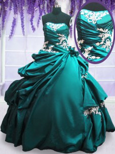 Dazzling Teal Taffeta Lace Up Strapless Sleeveless Floor Length Quinceanera Dresses Appliques and Pick Ups