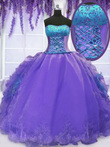 Strapless Sleeveless 15 Quinceanera Dress Floor Length Embroidery and Ruffles Lavender Organza