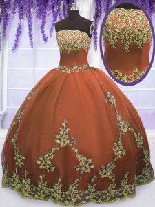 Extravagant Rust Red Ball Gowns Tulle Strapless Sleeveless Appliques Floor Length Zipper Sweet 16 Dresses