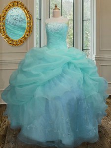 Cheap Strapless Sleeveless Organza Sweet 16 Dresses Embroidery and Pick Ups Lace Up