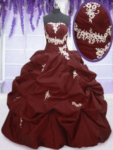Burgundy Vestidos de Quinceanera Military Ball and Sweet 16 and Quinceanera and For with Appliques and Pick Ups Strapless Sleeveless Lace Up