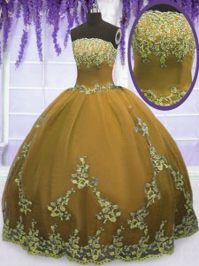 Ball Gowns 15th Birthday Dress Brown Strapless Tulle Sleeveless Floor Length Zipper