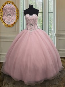 Amazing Floor Length Baby Pink Quinceanera Gown Organza Sleeveless Beading and Belt