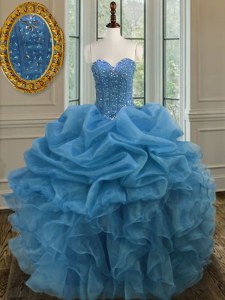 Gorgeous Blue Ball Gowns Sweetheart Sleeveless Organza Floor Length Lace Up Beading and Ruffles Sweet 16 Dress