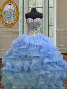 Blue Organza Lace Up Sweet 16 Dresses Sleeveless Floor Length Beading and Ruffles