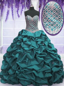 Custom Fit Sequins Pick Ups Sweetheart Sleeveless Lace Up Quinceanera Gowns Teal Taffeta