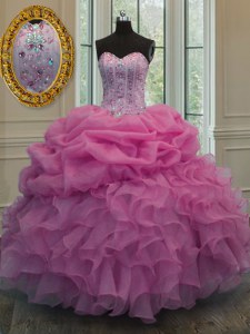 Most Popular Rose Pink Lace Up Quinceanera Dresses Beading and Ruffles and Pick Ups Sleeveless Floor Length