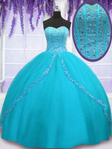 Tulle Sweetheart Sleeveless Backless Beading and Sequins Quince Ball Gowns in Aqua Blue