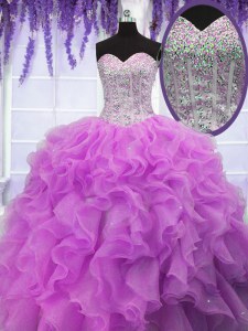 Shining Fuchsia Ball Gowns Ruffles Vestidos de Quinceanera Lace Up Organza Sleeveless Floor Length