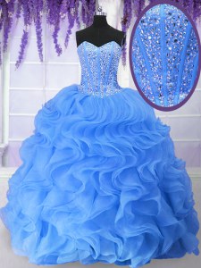 Glamorous Sweetheart Sleeveless Quince Ball Gowns Floor Length Ruffles and Sequins Blue Organza