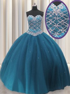 Luxurious Teal Tulle Lace Up Sweetheart Sleeveless Floor Length Sweet 16 Quinceanera Dress Beading and Sequins
