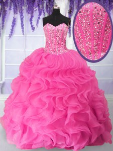 Fantastic Organza Sweetheart Sleeveless Lace Up Beading and Ruffles Sweet 16 Quinceanera Dress in Hot Pink