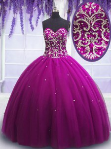 Affordable Sleeveless Floor Length Beading Lace Up Sweet 16 Dress with Fuchsia