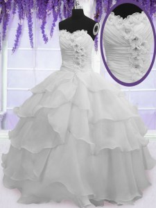 Affordable Silver Ball Gowns Sweetheart Sleeveless Organza Floor Length Lace Up Beading and Ruffled Layers Sweet 16 Quinceanera Dress