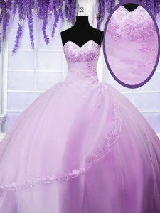 Lilac Ball Gowns Sweetheart Sleeveless Tulle Floor Length Lace Up Appliques Quinceanera Dresses
